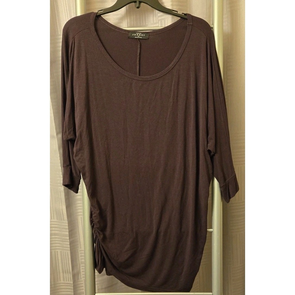 Made by Johnny Sz XL Brown Rayon Knit Stretchy Tunic Top Ruched Sides 3/4 Dolman